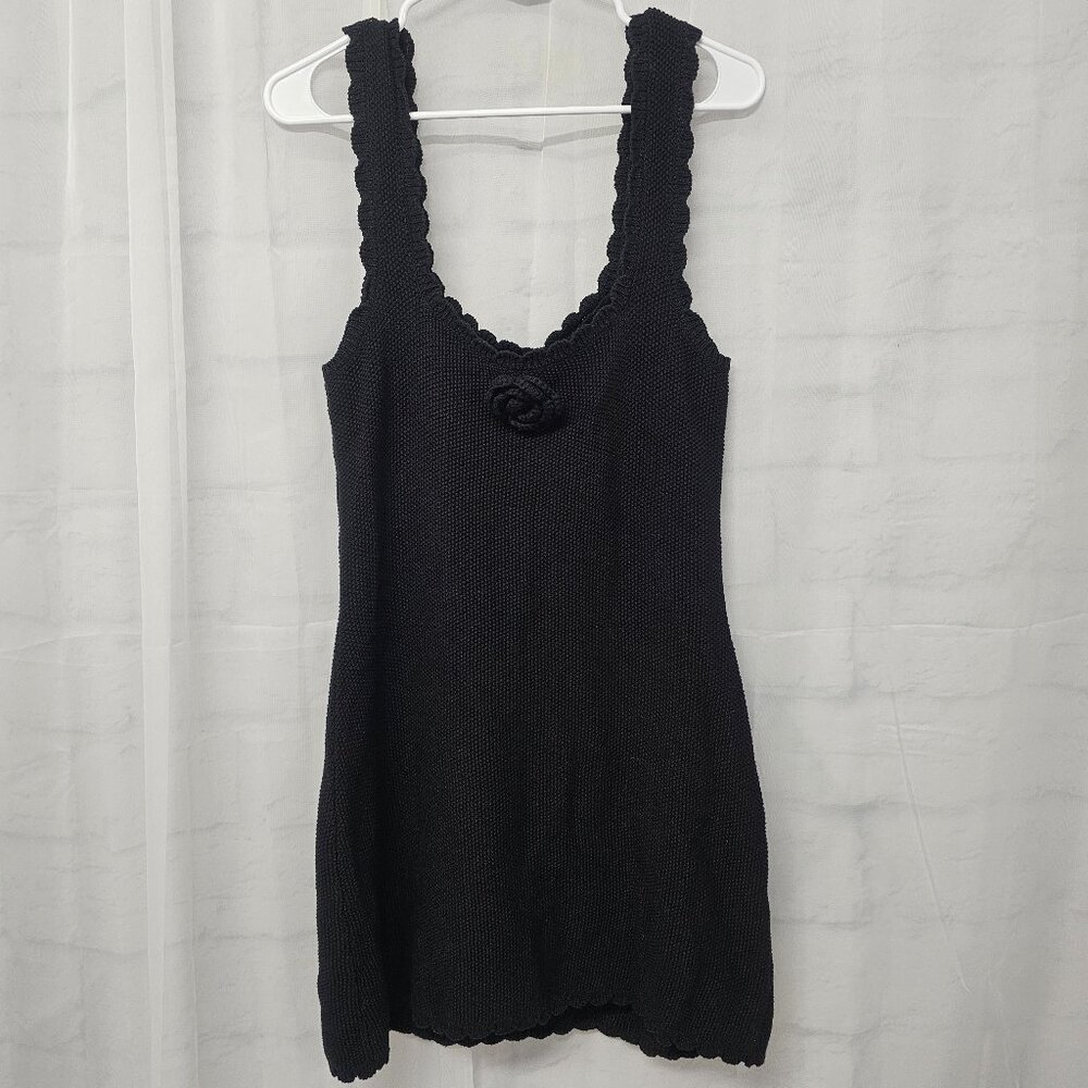Wild Fable Dress Mini Black Waffle Knit Bodycon Grunge Coquette Rosette L NWT
